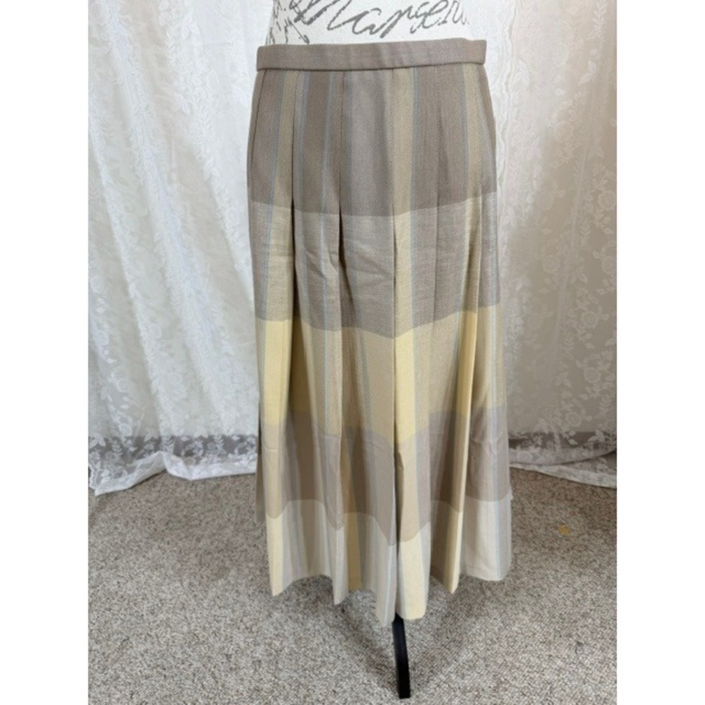 Pendleton Wool Plaid Pleated Maxi Skirt Tan Beige Yellow Size 12 Made in USA